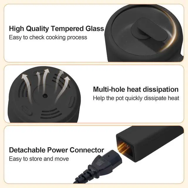 Alt view image 7 of 7 - HYTRIC Hot Pot Electric, 1.5L Portable Non-stick Frying Pan, Electric Cooker for Steak, Egg, Pasta, Ramen Cooker with Dual Power Control, Mini Electric Pot for Office, Dorm Room Essential, Black