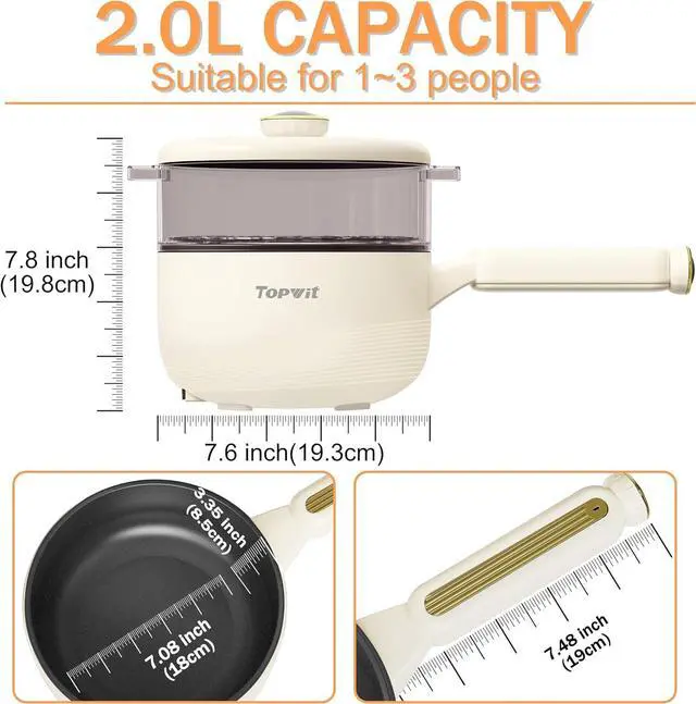 Alt view image 3 of 7 - TOPWIT Hot Pot Electric with Steamer, 2L Multifunctional Electric Pot, Non-Stick Sauté Pan, Portable Pot for Steak, Fried Rice, Ramen, Soup with Dual Power Control (Silicone Spatula Included), Beige