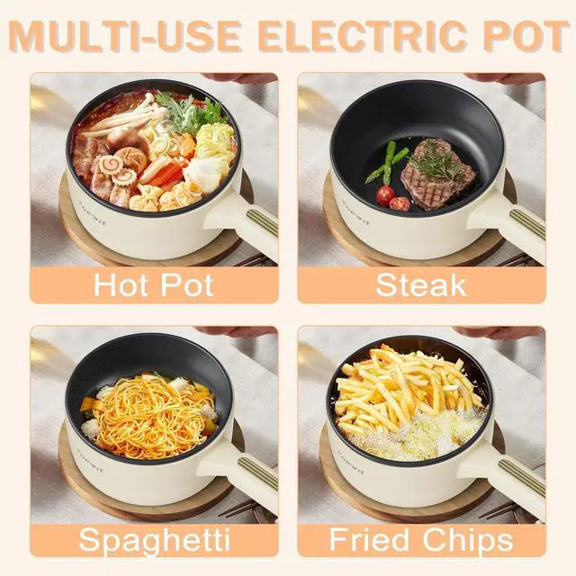 Alt view image 4 of 7 - TOPWIT Hot Pot Electric with Steamer, 2L Multifunctional Electric Pot, Non-Stick Sauté Pan, Portable Pot for Steak, Fried Rice, Ramen, Soup with Dual Power Control (Silicone Spatula Included), Beige