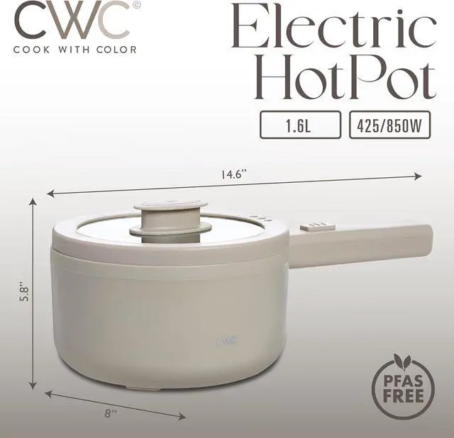 Alt view image 2 of 6 - COOK WITH COLOR Electric Hot Pot, 1.6L Mini Cooker, 700W Power, Non-Stick Surface, Thermal Cut-Out Protection, Perfect for Rice, Noodles, Soups, Stews, Dorms, Apartments, and Small Kitchens, Greige
