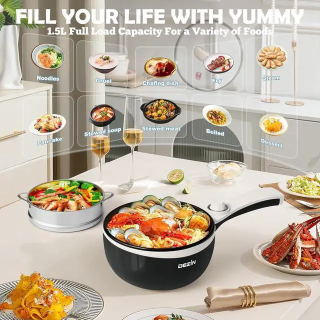 Alt view image 5 of 6 - Dezin Hot Pot Electric Upgraded, Non-Stick Sauté Pan, Rapid Noodles Electric Pot, 1.5L Mini Portable Hot Pot for Steak, Egg, Fried Rice, Ramen, Oatmeal, Soup with Power Adjustment
