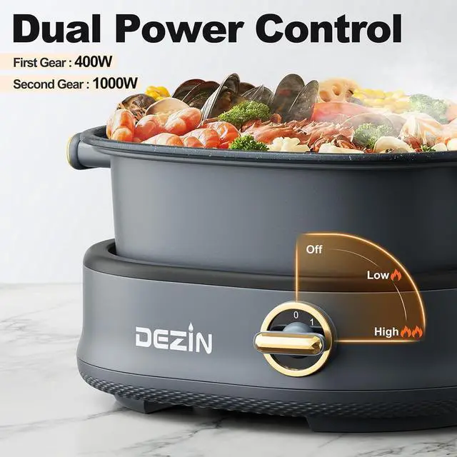 Alt view image 2 of 7 - Dezin Electric Shabu Shabu Pot with Removable Pot, 3L Non-Stick Hot Pot Electric with Dual-Power Control, Electric Pot with Tempered Glass Lid for Party, Family and Friend Gathering