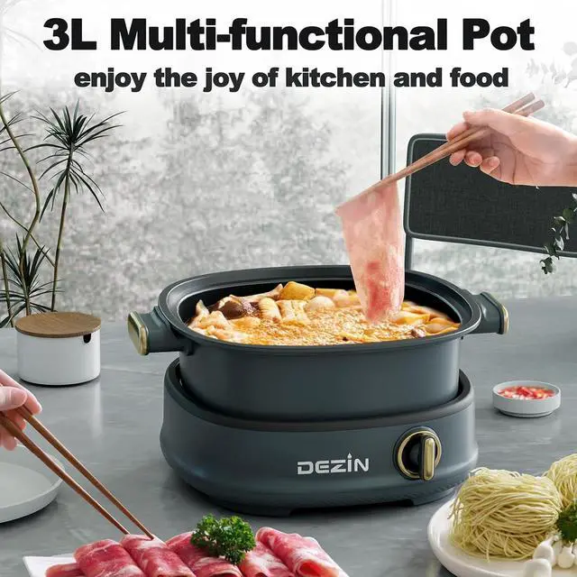 Alt view image 3 of 7 - Dezin Electric Shabu Shabu Pot with Removable Pot, 3L Non-Stick Hot Pot Electric with Dual-Power Control, Electric Pot with Tempered Glass Lid for Party, Family and Friend Gathering