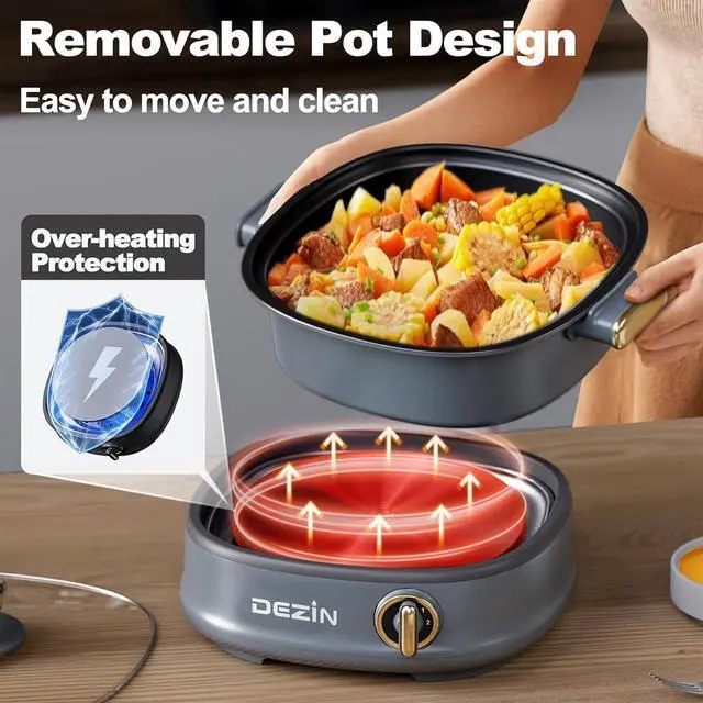 Alt view image 6 of 7 - Dezin Electric Shabu Shabu Pot with Removable Pot, 3L Non-Stick Hot Pot Electric with Dual-Power Control, Electric Pot with Tempered Glass Lid for Party, Family and Friend Gathering