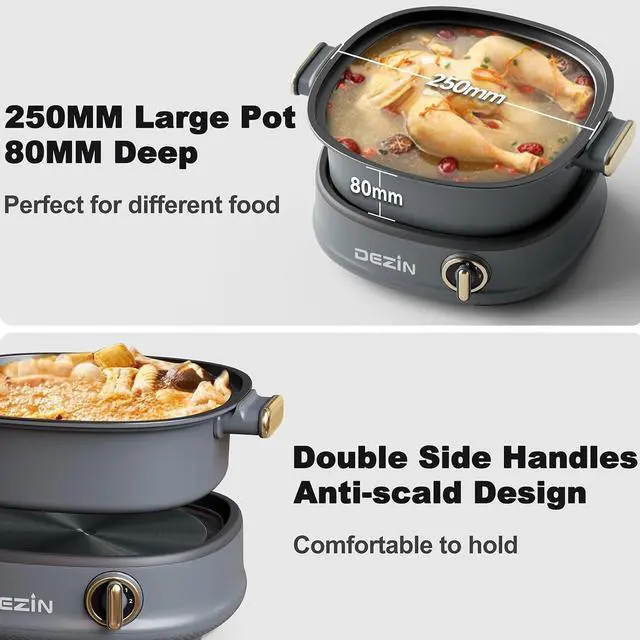 Alt view image 7 of 7 - Dezin Electric Shabu Shabu Pot with Removable Pot, 3L Non-Stick Hot Pot Electric with Dual-Power Control, Electric Pot with Tempered Glass Lid for Party, Family and Friend Gathering