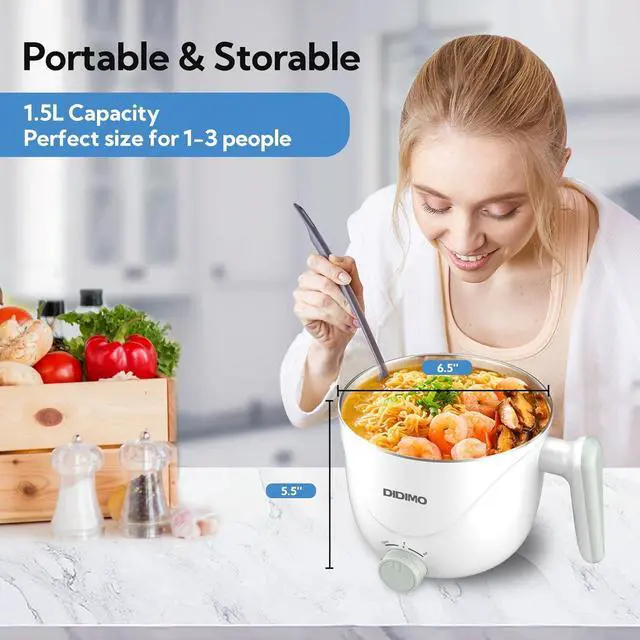 Alt view image 3 of 7 - Hot Pot Electric, 1.5L Pink Portable Ramen Cooker with Over-Heating/Boil Dry Protection, Mini Hot Pot for Ramen, Egg, Pasta, Dumpling, Soup, Porridge, Oatmeal (white)