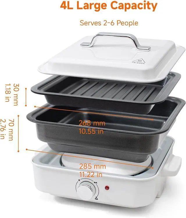 Alt view image 2 of 7 - 2-in-1 Electric Hot Pot, 4L Non-Stick Portable Shabu Pot with Grill Pan & Removable Pot, Non-stick Ceramic Oil Coating, Multi-Power Control 400W/1200W Non-Stick Pot for Dorm, Office, Apartment, White