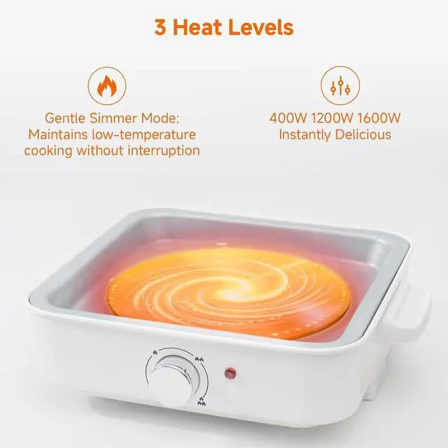Alt view image 4 of 7 - 2-in-1 Electric Hot Pot, 4L Non-Stick Portable Shabu Pot with Grill Pan & Removable Pot, Non-stick Ceramic Oil Coating, Multi-Power Control 400W/1200W Non-Stick Pot for Dorm, Office, Apartment, White