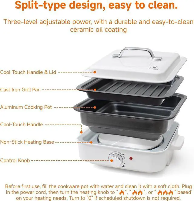 Alt view image 5 of 7 - 2-in-1 Electric Hot Pot, 4L Non-Stick Portable Shabu Pot with Grill Pan & Removable Pot, Non-stick Ceramic Oil Coating, Multi-Power Control 400W/1200W Non-Stick Pot for Dorm, Office, Apartment, White