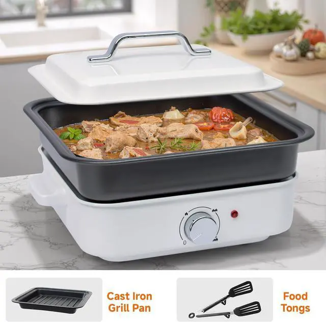 Alt view image 7 of 7 - 2-in-1 Electric Hot Pot, 4L Non-Stick Portable Shabu Pot with Grill Pan & Removable Pot, Non-stick Ceramic Oil Coating, Multi-Power Control 400W/1200W Non-Stick Pot for Dorm, Office, Apartment, White