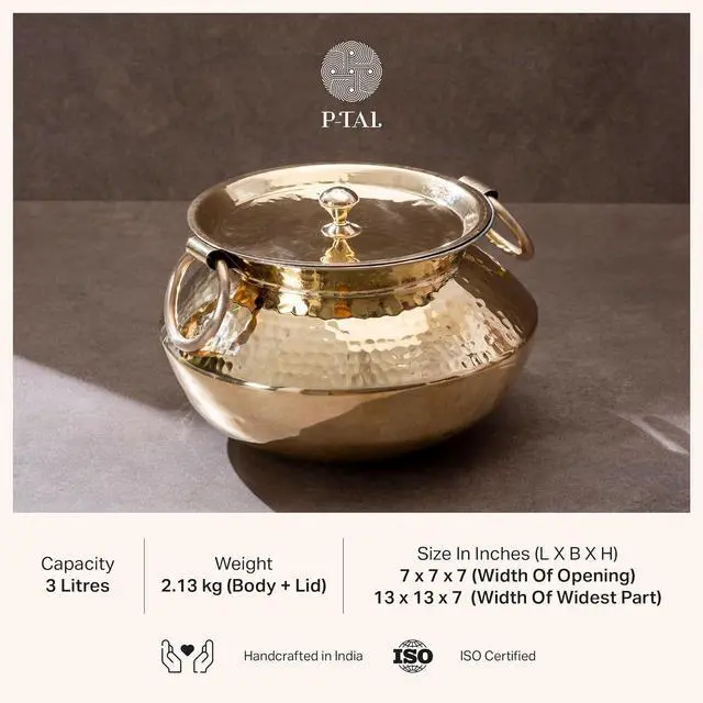 Alt view image 2 of 7 - P-TAL Brass Patili with Lid and Handles for Cooking Teflon Free Degchi 3L Brass Handi for Cooking