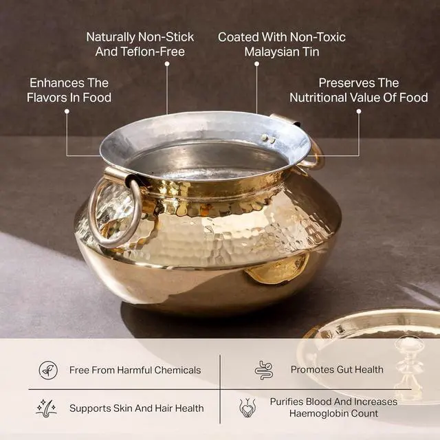 Alt view image 3 of 7 - P-TAL Brass Patili with Lid and Handles for Cooking Teflon Free Degchi 3L Brass Handi for Cooking