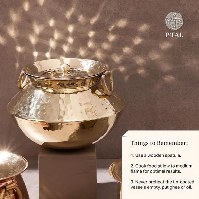 Alt view image 5 of 7 - P-TAL Brass Patili with Lid and Handles for Cooking Teflon Free Degchi 3L Brass Handi for Cooking