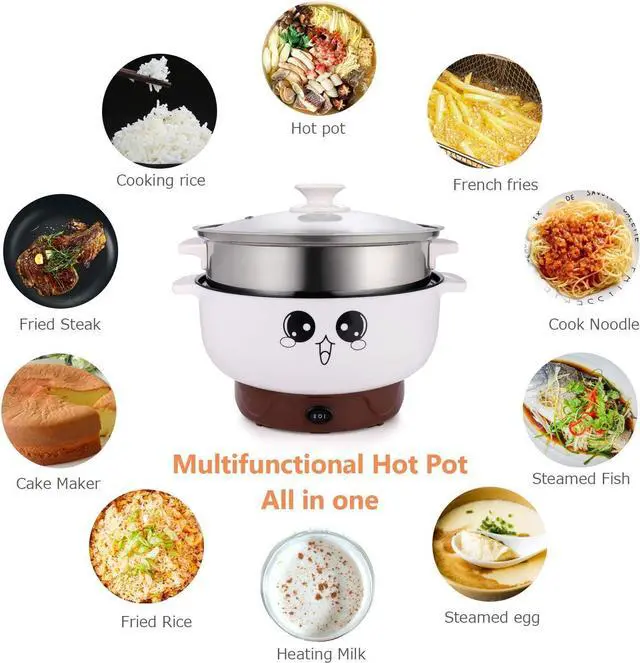 Alt view image 2 of 7 - 4-IN-1 Multifunction Electric Cooker Skillet Grill Pot Wok Electric Hot Pot for Noodles Cook Rice Fried Stew Soup Steamed Fish Boiled Egg Small Non-stick (2.3L, with Lid and Steamer)