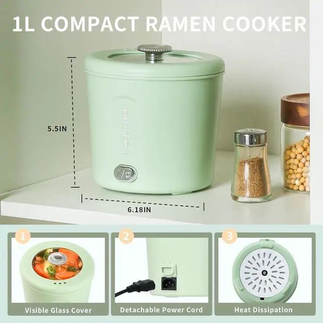 Alt view image 6 of 6 - Hot Pot Electric, 1L Mini Ramen Cooker, 450W Rapid Noodles Cooker, Multifunctional Electric Pot for Cooking Pasta, Soup, Portable Pots with Over-Heating Protection for Dorm, Office, Travel