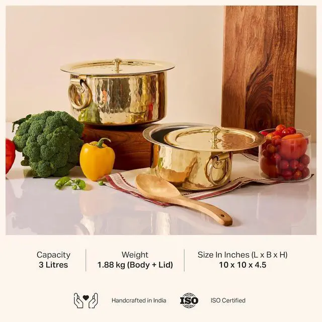 Alt view image 2 of 7 - P-TAL Brass Stock Pot with Lid Naturally Nonstick and Toxin Free Pasta Pot Multipurpose Cooking Pot, PFOA and PTFE Free (3.2 Quart)