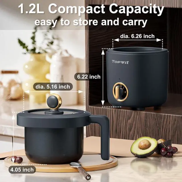Alt view image 3 of 7 - TOPWIT Hot Pot Electric Pot for Cooking, Ramen Cooker 1.2L, Non-Stick Portable Noodles Cooker for Pasta, Soup, Steak, Oatmeal, College Dorm Room Essentials, Shabu Shabu Pot with Power Adjustment, Grey