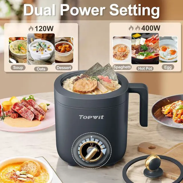 Alt view image 4 of 7 - TOPWIT Hot Pot Electric Pot for Cooking, Ramen Cooker 1.2L, Non-Stick Portable Noodles Cooker for Pasta, Soup, Steak, Oatmeal, College Dorm Room Essentials, Shabu Shabu Pot with Power Adjustment, Grey