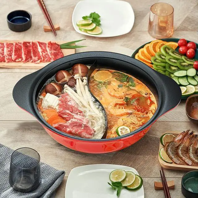 Alt view image 5 of 7 - Hot Pot with Divider for Induction Cooker Dual Sided Soup Cookware Two-flavor Chinese Shabu Shabu Pot for Home Party Family Gathering, 4.5 Quart (Red)