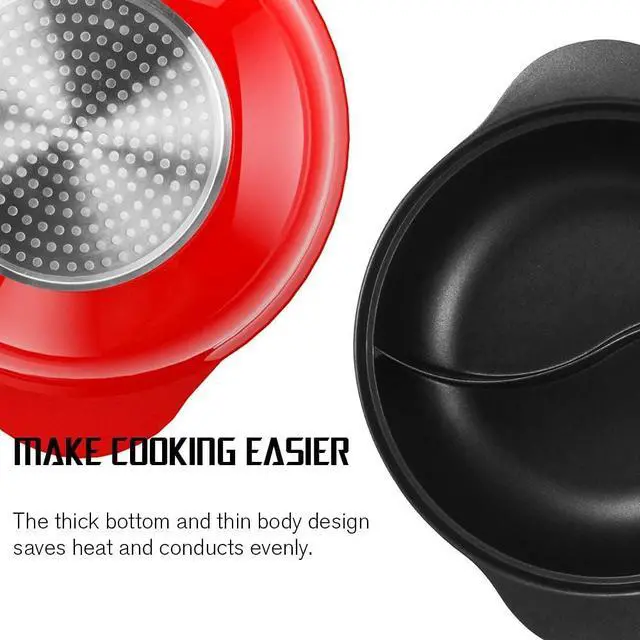Alt view image 4 of 7 - Hot Pot with Divider for Induction Cooker Dual Sided Soup Cookware Two-flavor Chinese Shabu Shabu Pot for Home Party Family Gathering, 4.5 Quart (Red)