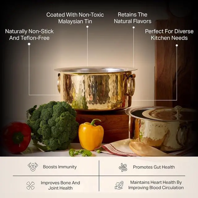 Alt view image 3 of 7 - P-TAL Brass Stock Pot with Lid Naturally Nonstick and Toxin Free Pasta Pot Multipurpose Cooking Pot, PFOA and PTFE Free (3.2 Quart)