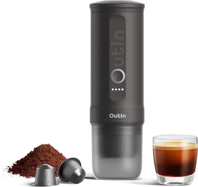 Main image of OutIn Nano Portable Electric Espresso Machine, Travel Coffee Maker for Camping, Car Coffee Maker Self-Heating with USB-C, With Ground Coffee & NS Capsule for RV, Hiking, Office