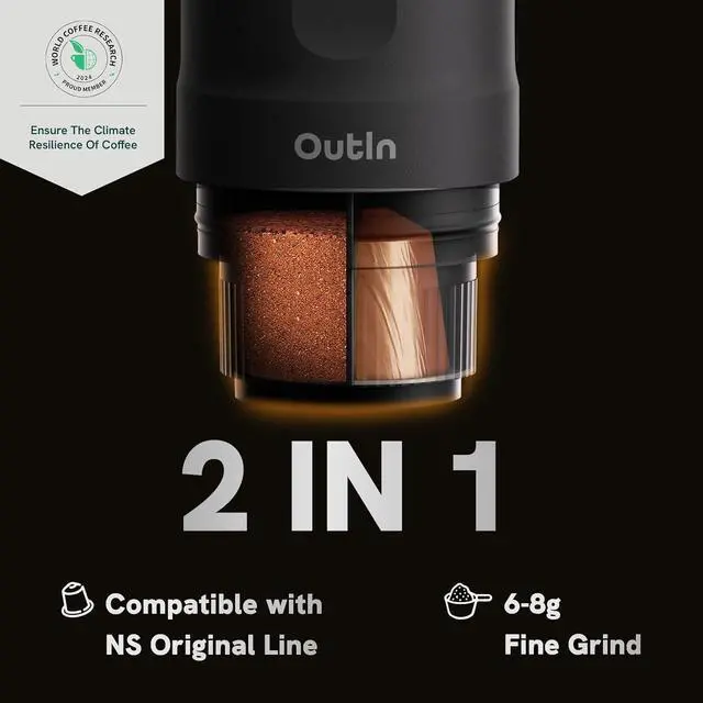 Alt view image 5 of 6 - OutIn Nano Portable Electric Espresso Machine, Travel Coffee Maker for Camping, Car Coffee Maker Self-Heating with USB-C, With Ground Coffee & NS Capsule for RV, Hiking, Office