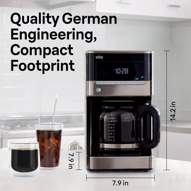 Alt view image 3 of 5 - Braun BrewSense 12 Cup Drip Coffee Maker - Pause & Pour Mid Brew, Coffee Machine with 24-Hour Timer & Clock, Bold & Regular Strength, 1-4 Cup Functions, Self Clean, Auto Shutoff, Stainless Steel