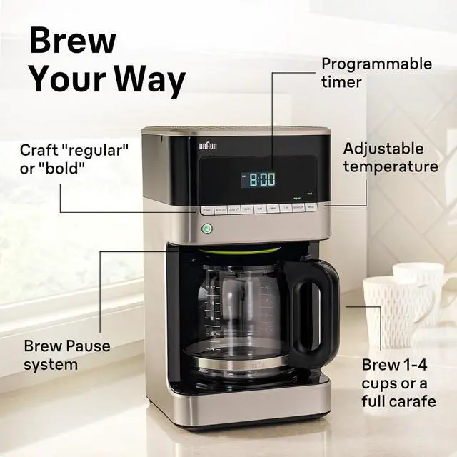 Alt view image 4 of 5 - Braun BrewSense 12 Cup Drip Coffee Maker - Pause & Pour Mid Brew, Coffee Machine with 24-Hour Timer & Clock, Bold & Regular Strength, 1-4 Cup Functions, Self Clean, Auto Shutoff, Stainless Steel