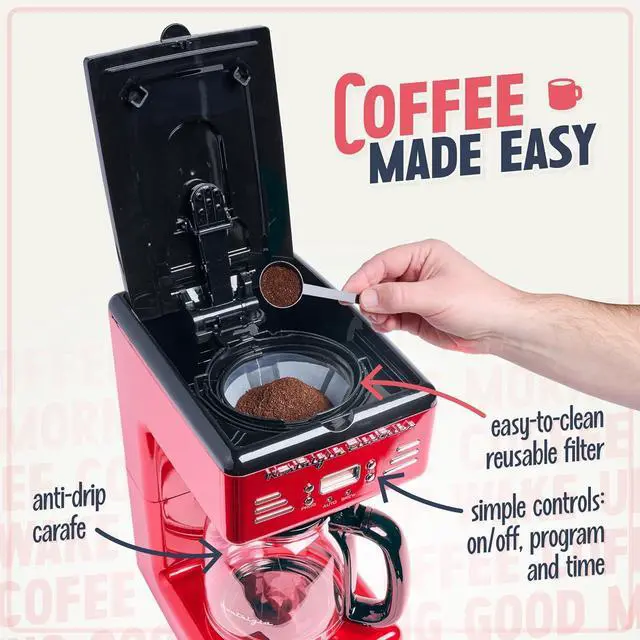 Alt view image 4 of 7 - Nostalgia Retro 12-Cup Programmable Coffee Maker With LED Display, Automatic Shut-Off & Keep Warm, Pause-And-Serve Function, Red