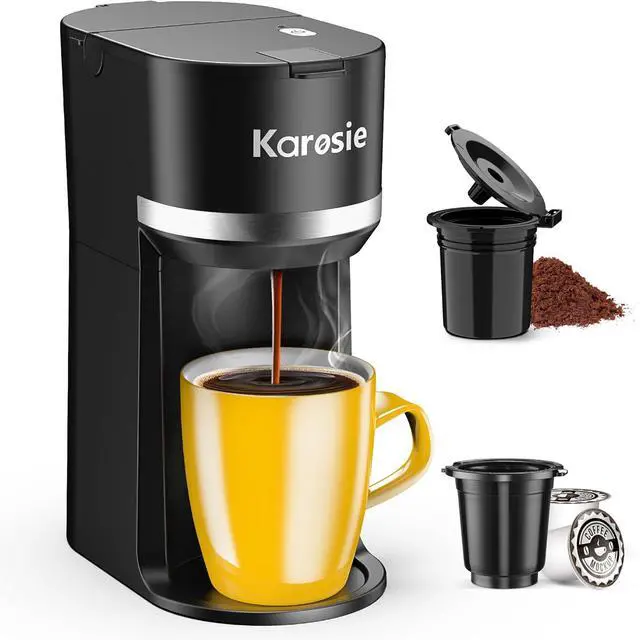 Main image of Single Serve Coffee Maker for K-Cup and Ground Coffee, Fast Brew, 6-12 oz Brew Sizes One Cup Coffee Machine Fits 5.5" Mugs, One-Button Small Coffee Maker with Descaling Reminder,Black