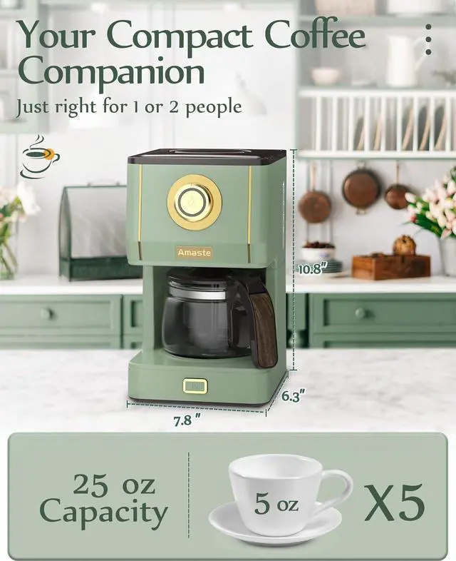 Alt view image 5 of 7 - Amaste Drip Coffee Maker, Coffee Machine with 25 Oz Glass Coffee Pot, Retro Style Coffee Maker with Reusable Filter & Three Brewing Modes, 30minute-Warm-Keeping, Matcha Green