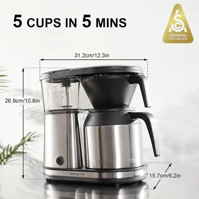 Alt view image 2 of 6 - Bonavita 5 Cup Drip Coffee Maker Machine, One-Touch Pour Over, Auto Pause Brewing with Stainless Steel Double Wall Thermal Carafe, SCA Certified, Dishwasher Safe, BV1500TS