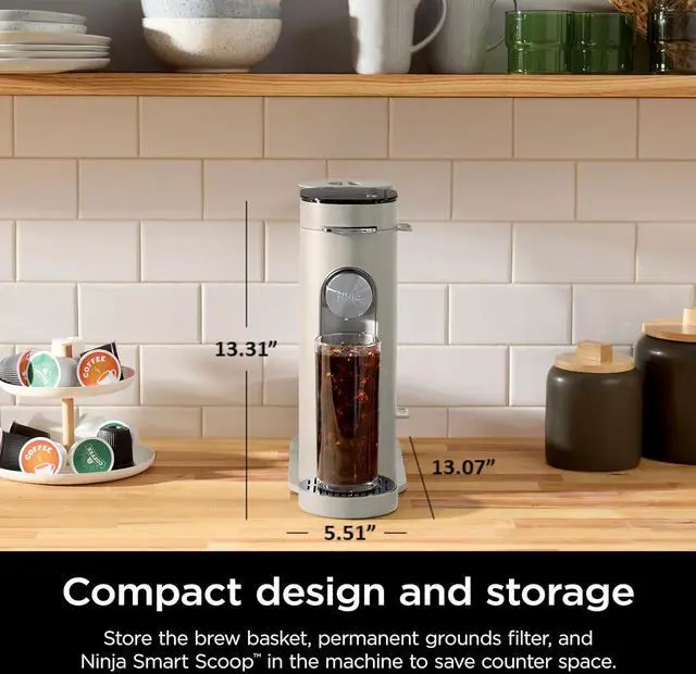 Alt view image 2 of 7 - Ninja Pods & Grounds Single-Serve Coffee Maker, K-Cup Pod Compatible, Brews Grounds, Compact Design, 56-oz. Reservoir, 6-oz. Cup to 24-oz. Travel Mug Brew Sizes, Iced Coffee Maker, Stone, PB041ST
