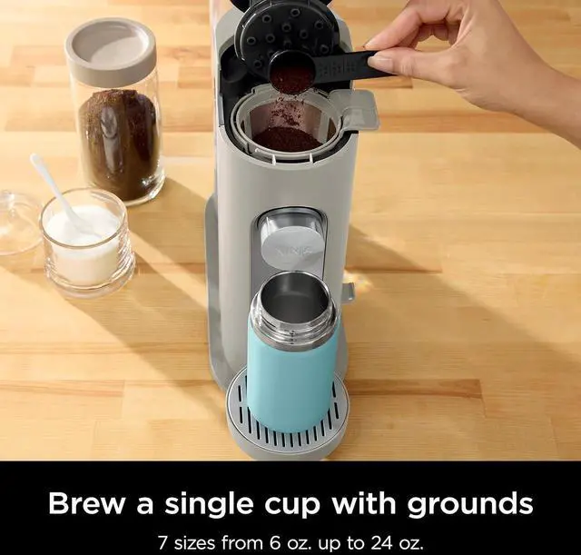 Alt view image 5 of 7 - Ninja Pods & Grounds Single-Serve Coffee Maker, K-Cup Pod Compatible, Brews Grounds, Compact Design, 56-oz. Reservoir, 6-oz. Cup to 24-oz. Travel Mug Brew Sizes, Iced Coffee Maker, Stone, PB041ST