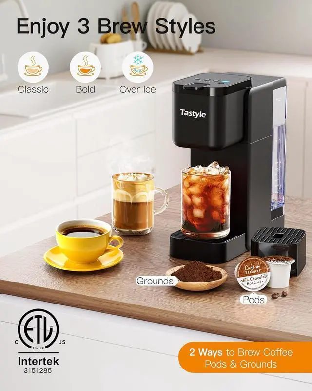 Alt view image 2 of 7 - Single Serve Hot & Iced Coffee Maker with Strong Brew, 40oz Removable Reservoir, 6 Brew Sizes, Compatible with K Cup and Grounds, Compact for Home, Office, RV and Dorm, Black (2.0 Version)