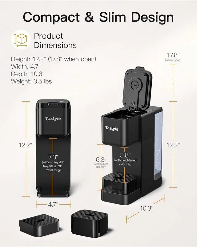 Alt view image 7 of 7 - Single Serve Hot & Iced Coffee Maker with Strong Brew, 40oz Removable Reservoir, 6 Brew Sizes, Compatible with K Cup and Grounds, Compact for Home, Office, RV and Dorm, Black (2.0 Version)