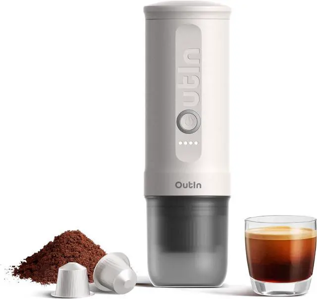 Main image of OutIn Nano Portable Electric Espresso Machine, Travel Coffee Maker for Camping, Car Coffee Maker Self-Heating with USB-C, With Ground Coffee & NS Capsule for RV, Hiking, Office