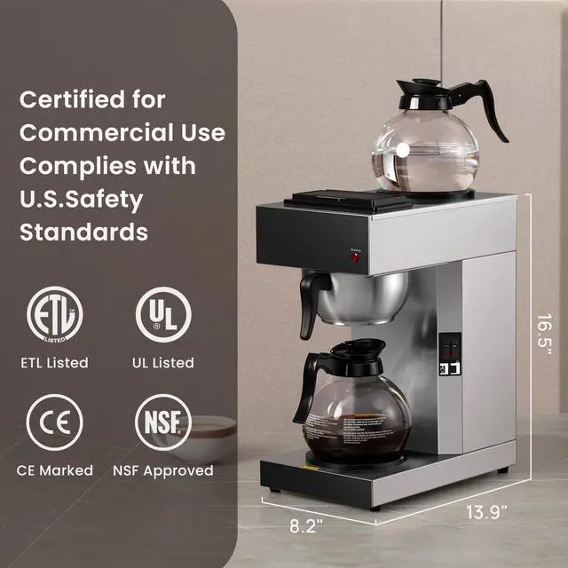 Alt view image 7 of 7 - SYBO 12-Cup Commercial Drip Coffee Maker, Pour Over Coffee Maker Brewer with 2 Glass Carafes and Warmers, Stainless Steel Cafetera SF-CB-2GA