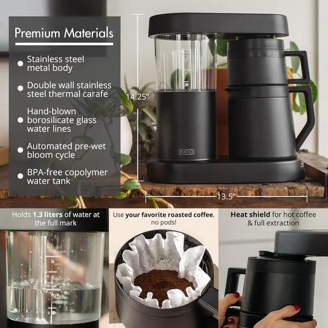 Alt view image 3 of 6 - Ratio Six Coffee Maker Series 2, Automatic Pour Over Coffee Maker, Coffee Pot with 1.25-Liter/40-Ounce Brewing Capacity, Matte Black, Makes 2-8 Cups, 6.75" D x 13.5" W x 14.25" H