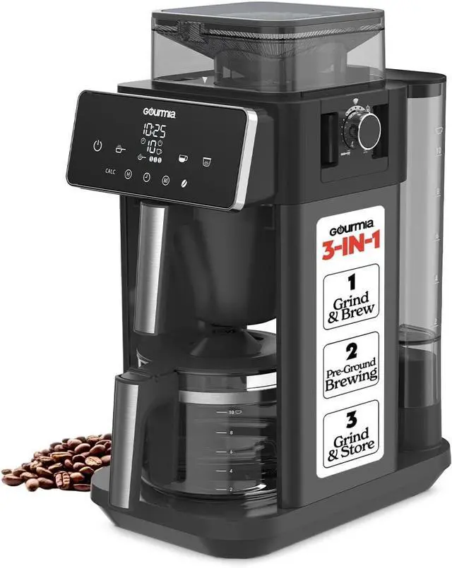 Main image of Gourmia 10-Cup Grind & Brew Coffee Maker  Built-in Adjustable Grinder, Programmable Digital Timer, 3 Brew Strengths, 4-Hour Keep-Warm, Auto Shut-Off, Pause & Serve, Glass Carafe, Stainless Steel