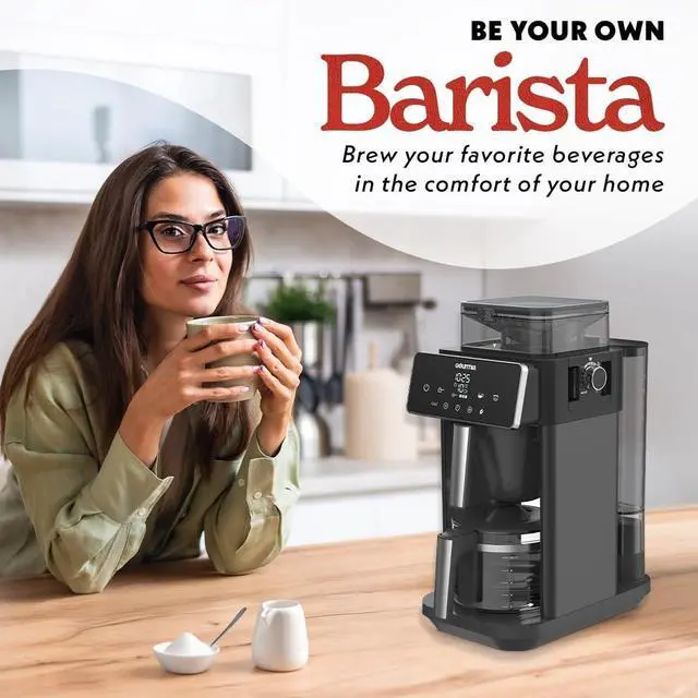 Alt view image 2 of 7 - Gourmia 10-Cup Grind & Brew Coffee Maker  Built-in Adjustable Grinder, Programmable Digital Timer, 3 Brew Strengths, 4-Hour Keep-Warm, Auto Shut-Off, Pause & Serve, Glass Carafe, Stainless Steel
