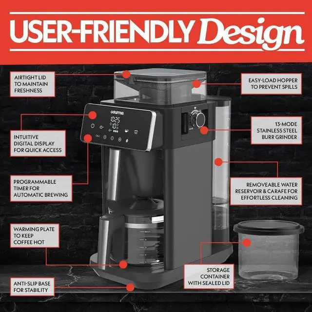 Alt view image 4 of 7 - Gourmia 10-Cup Grind & Brew Coffee Maker  Built-in Adjustable Grinder, Programmable Digital Timer, 3 Brew Strengths, 4-Hour Keep-Warm, Auto Shut-Off, Pause & Serve, Glass Carafe, Stainless Steel