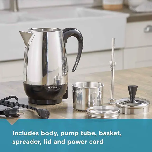 Alt view image 4 of 7 - Farberware Electric Coffee Percolator, Stainless Steel Basket, Automatic Keep Warm, No-Drip Spout, 8 Cup