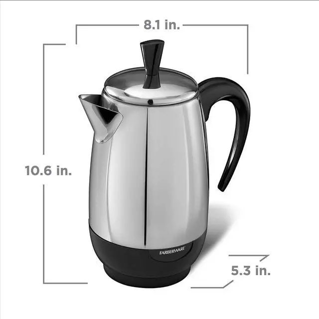 Alt view image 7 of 7 - Farberware Electric Coffee Percolator, Stainless Steel Basket, Automatic Keep Warm, No-Drip Spout, 8 Cup