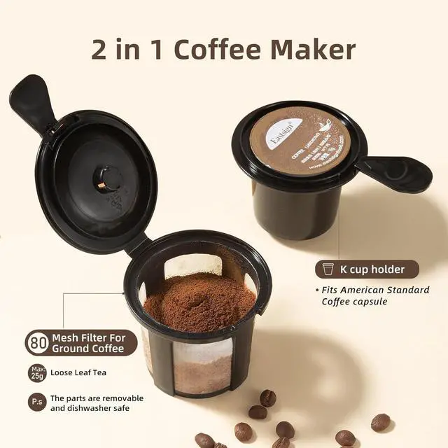 Alt view image 2 of 7 - Single Serve K Cup Coffee Maker 2 in 1Machine,6 to 14 0z Brew Sizes,Auto Shut Off& Reusable Filter,Use Coffee Capsule&GroundCoffee&Loose Leaf Tea, Black