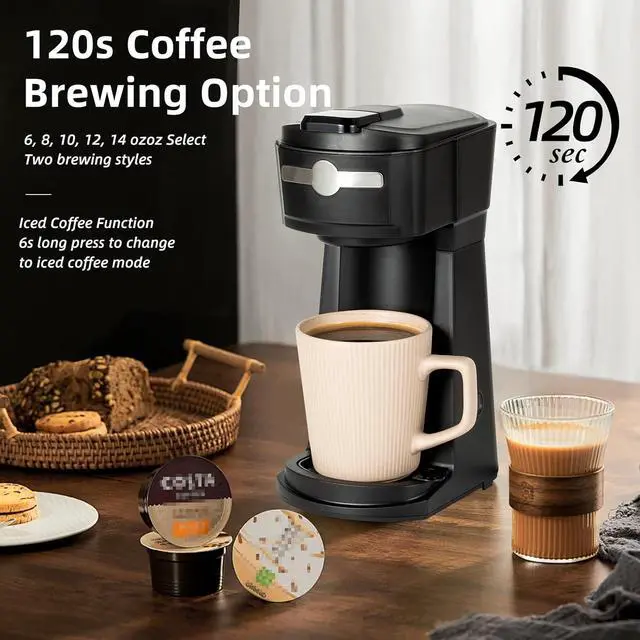 Alt view image 3 of 7 - Single Serve K Cup Coffee Maker 2 in 1Machine,6 to 14 0z Brew Sizes,Auto Shut Off& Reusable Filter,Use Coffee Capsule&GroundCoffee&Loose Leaf Tea, Black
