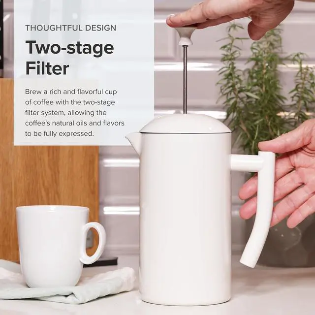 Alt view image 2 of 7 - Frieling Double-Walled Stainless Steel French Press Coffee Maker - Snow White 34 fl oz - Camping French Press Coffee Pot
