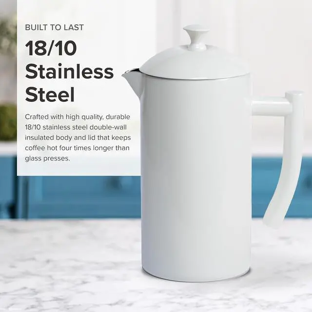 Alt view image 4 of 7 - Frieling Double-Walled Stainless Steel French Press Coffee Maker - Snow White 34 fl oz - Camping French Press Coffee Pot
