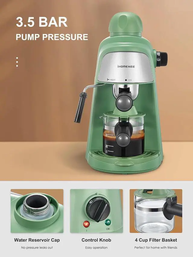 Alt view image 4 of 7 - Espresso Machine, 3.5Bar Espresso and Cappuccino Machine with Fast Heating Function, 1-4 Cups Coffee Maker with Milk Frothing Function and Steam Wand (Green)